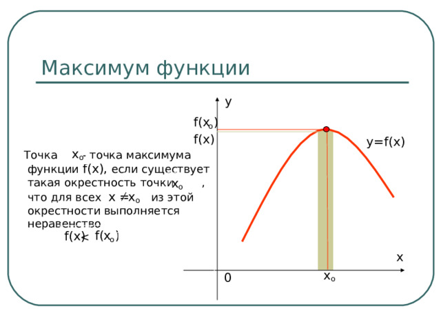 Максимум функции y f( х )  о f( х ) y = f(x) х Точка - точка максимума  функции f(x),  если существует  такая окрестность точки ,  что для всех х = из этой  окрестности выполняется  неравенство    о х  о х  о f( х ) f( х )  о x х  0  о 