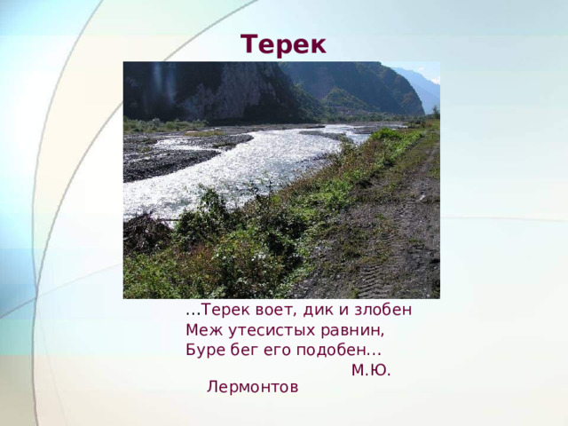 Терек … Терек воет, дик и злобен Меж утесистых равнин, Буре бег его подобен…  М.Ю. Лермонтов 