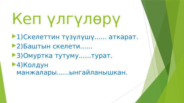 Кеп үлгүлөрү 1)Скелеттин түзүлүшү...... аткарат. 2)Баштын скелети...... 3)Омуртка тутуму......турат. 4)Колдун манжалары......ынгайланышкан. 