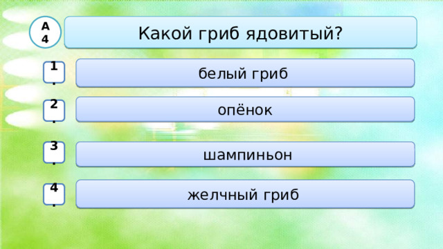  А4 Какой гриб ядовитый?  белый гриб 1. опёнок 2.  шампиньон 3. желчный гриб 4.  