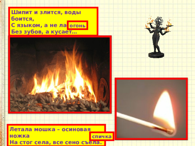 Шипит и злится, воды боится,  С языком, а не лает.  Без зубов, а кусает… огонь Летала мошка – осиновая ножка  На стог села, все сено съела. спичка 