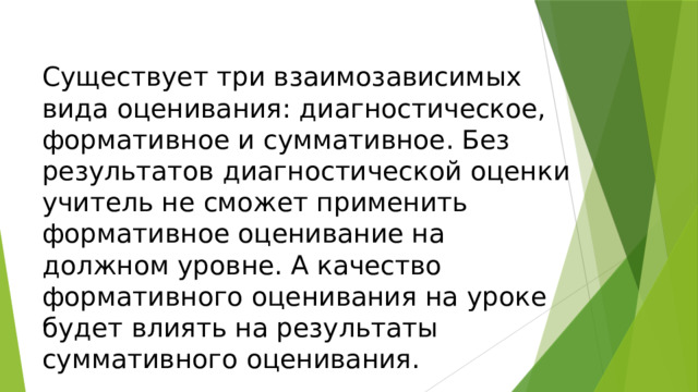 Существует три взаимозависимых вида оценивания: диагностическое, формативное и суммативное. Без результатов диагностической оценки учитель не сможет применить формативное оценивание на должном уровне. А качество формативного оценивания на уроке будет влиять на результаты суммативного оценивания. 
