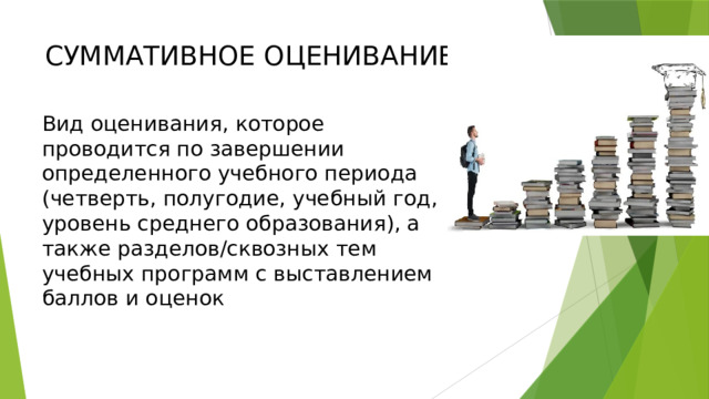 СУММАТИВНОЕ ОЦЕНИВАНИЕ Вид оценивания, которое проводится по завершении определенного учебного периода (четверть, полугодие, учебный год, уровень среднего образования), а также разделов/сквозных тем учебных программ с выставлением баллов и оценок 