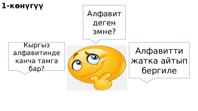 1-көнүгүү Алфавит деген эмне? Кыргыз алфавитинде канча тамга бар? Алфавитти жатка айтып бергиле 
