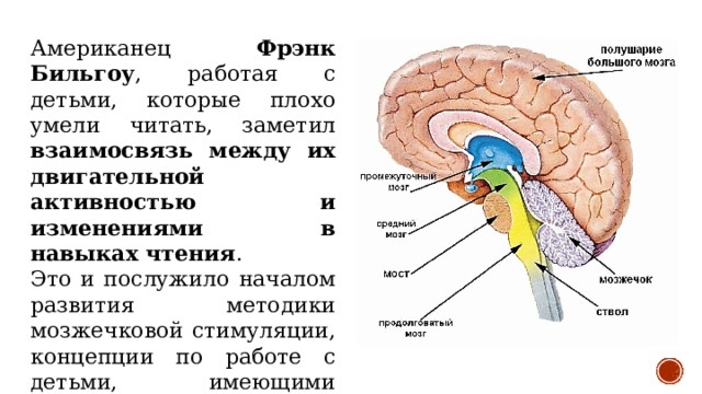 Американец Фрэнк Бильгоу , работая с детьми, которые плохо умели читать, заметил взаимосвязь между их двигательной активностью и изменениями в навыках чтения . Это и послужило началом развития методики мозжечковой стимуляции, концепции по работе с детьми, имеющими нарушения в сенсорной интеграции. 