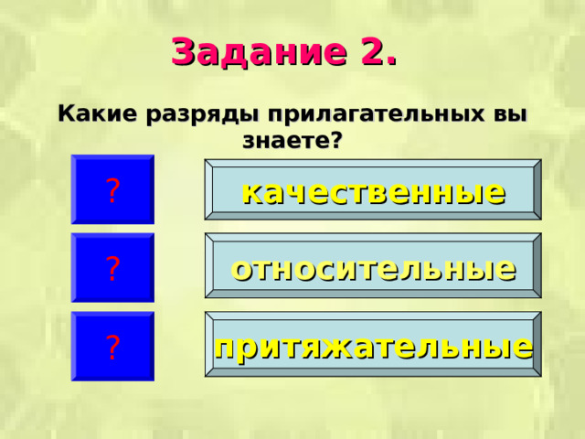 Задание 2. Какие разряды прилагательных вы знаете? ? качественные ? относительные ? притяжательные 