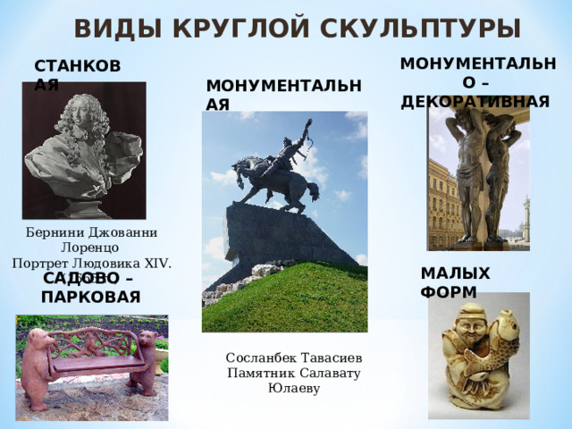 ВИДЫ КРУГЛОЙ СКУЛЬПТУРЫ МОНУМЕНТАЛЬНО – ДЕКОРАТИВНАЯ СТАНКОВАЯ МОНУМЕНТАЛЬНАЯ Бернини Джованни Лоренцо Портрет Людовика XIV . (1665 г.) МАЛЫХ ФОРМ САДОВО – ПАРКОВАЯ Сосланбек Тавасиев Памятник Салавату Юлаеву 