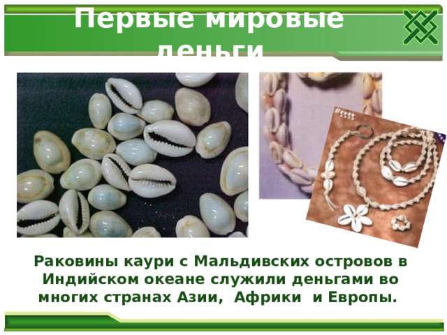 Первые мировые деньги    Раковины каури с Мальдивских островов в Индийском океане служили деньгами во многих странах Азии, Африки и Европы. 