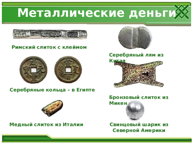 Металлические деньги Римский слиток с клеймом Серебряный лям из Китая Серебряные кольца – в Египте Бронзовый слиток из Микен Свинцовый шарик из Северной Америки Медный слиток из Италии 
