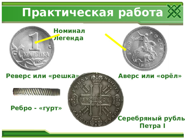 Практическая работа Номинал Легенда Реверс или «решка» Аверс или «орёл» Ребро - «гурт» Серебряный рубль Петра I 