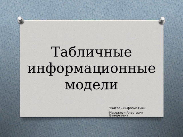 Табличные информационные модели Учитель информатики: Нарожная Анастасия Валерьевна 
