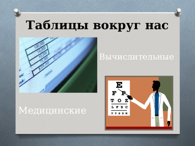 Таблицы вокруг нас Вычислительные Медицинские  