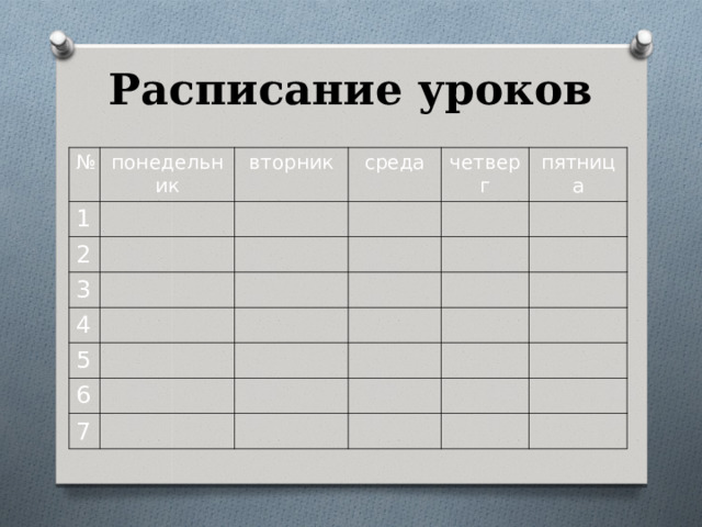 Расписание уроков № понедельник 1 вторник 2 среда 3 четверг 4 пятница 5 6 7  