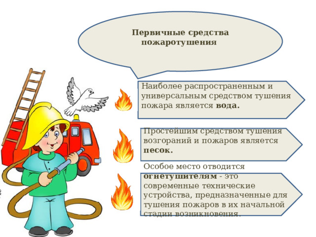 Первичные средства пожаротушения  Наиболее распространенным и универсальным средством тушения пожара является вода.  Простейшим средством тушения возгораний и пожаров является песок.  Особое место отводится огнетушителям - это современные технические устройства, предназначенные для тушения пожаров в их начальной стадии возникновения. 