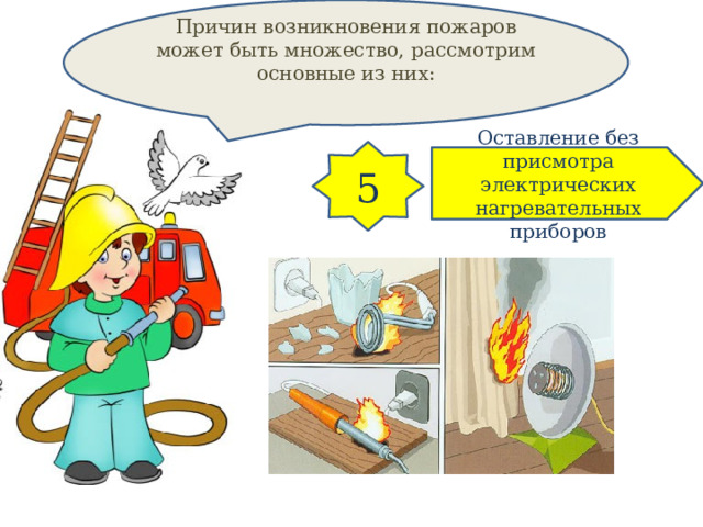 Причин возникновения пожаров может быть множество, рассмотрим основные из них: 5 Оставление без присмотра электрических нагревательных приборов 