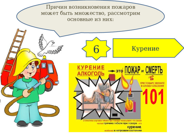 Причин возникновения пожаров может быть множество, рассмотрим основные из них: 6 Курение  