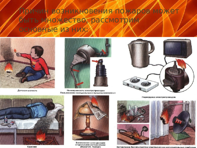 Причин возникновения пожаров может быть множество, рассмотрим основные из них:    