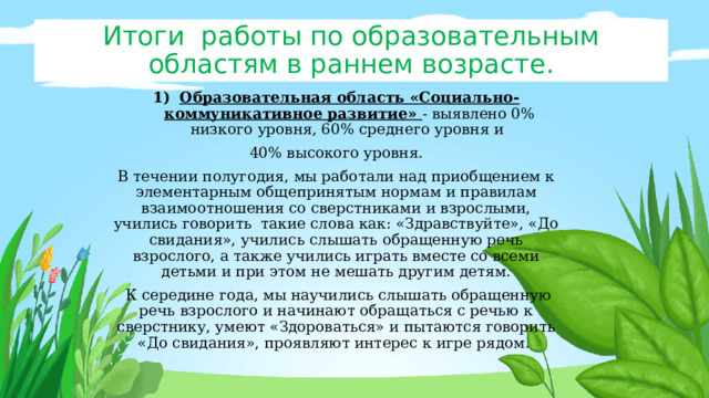 Итоги работы по образовательным областям в раннем возрасте. Образовательная область «Социально-коммуникативное развитие» - выявлено 0% низкого уровня, 60% среднего уровня и 40% высокого уровня. В течении полугодия, мы работали над приобщением к элементарным общепринятым нормам и правилам взаимоотношения со сверстниками и взрослыми, учились говорить такие слова как: «Здравствуйте», «До свидания», учились слышать обращенную речь взрослого, а также учились играть вместе со всеми детьми и при этом не мешать другим детям.  К середине года, мы научились слышать обращенную речь взрослого и начинают обращаться с речью к сверстнику, умеют «Здороваться» и пытаются говорить «До свидания», проявляют интерес к игре рядом. 