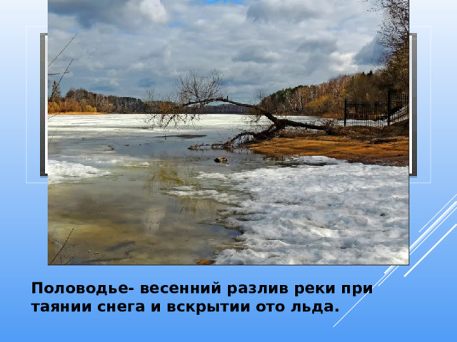 Вставка рисунка Половодье- весенний разлив реки при таянии снега и вскрытии ото льда. 