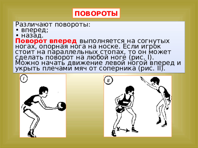 ПОВОРОТЫ Различают повороты: • вперед; • назад.  Поворот вперед выполняется на согнутых ногах, опорная нога на нос­ке. Если игрок стоит на параллельных стопах, то он может сделать поворот на любой ноге (рис. I). Можно начать движение левой ногой вперед и укрыть плечами мяч от соперника (рис. II). 