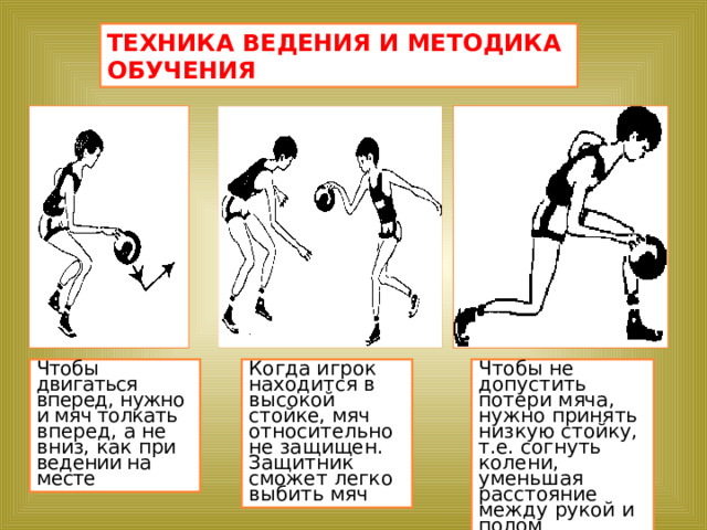 ТЕХНИКА ВЕДЕНИЯ И МЕТОДИКА ОБУЧЕНИЯ Чтобы двигаться вперед, нужно и мяч толкать вперед, а не вниз, как при ведении на месте Когда игрок находится в высокой стойке, мяч относительно не защищен. Защитник сможет легко выбить мяч Чтобы не допустить потери мяча, нужно принять низкую стойку, т.е. согнуть колени, уменьшая расстояние между рукой и полом 
