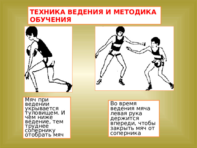 ТЕХНИКА ВЕДЕНИЯ И МЕТОДИКА ОБУЧЕНИЯ Мяч при ведении укрывается туловищем. И чем ниже ведение, тем труднее сопернику отобрать мяч Во время ведения мяча левая рука держится впереди, чтобы закрыть мяч от соперника 