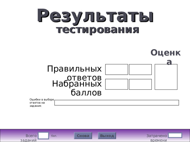 Результаты   тестирования Подождите! Идет обработка данных Оценка Правильных ответов   Набранных баллов   Ошибки в выборе ответов на задания:  Выход Снова  бал. Затрачено времени Всего заданий 11 
