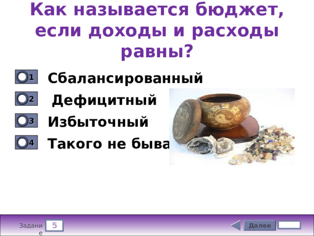 Как называется бюджет, если доходы и расходы равны? Сбалансированный 1 0 Дефицитный 2 0 Избыточный 3 0 Такого не бывает 4 0 5 Далее 4 бал. Задание 