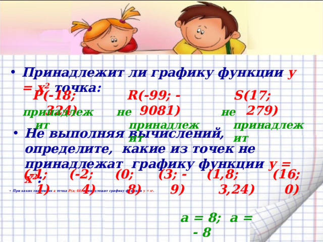 Принадлежит ли графику функции  у = х 2  точка :    P(-18; 324) R(-99; -9081) S(17; 279)          не принадлежит принадлежит не принадлежит          Не выполняя вычислений, определите, какие из точек не принадлежат графику функции  у = х 2 :    (1,8; 3,24) (16; 0) (-2; 4) (3; -9) (0; 8) (-1; 1)                   При каких значениях а точка Р(а; 64) принадлежит графику функции у = х 2 .    а = 8; а = - 8    