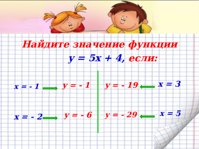 Найдите значение функции  y = 5x + 4, если: х = 3 y = - 1 y = - 19 х = - 1 х = 5 y = - 6 y = - 29 х = - 2 
