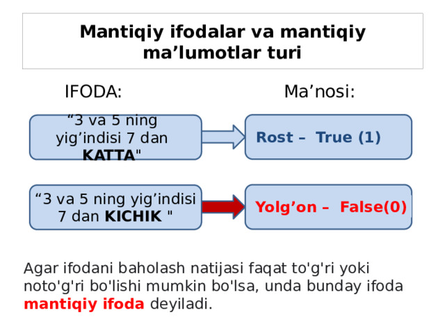 Mantiqiy ifodalar va mantiqiy ma’lumotlar turi IFODA: Ma’nosi: “ 3 va 5 ning yig’indisi 7 dan KATTA 