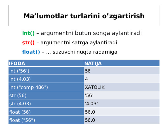 Ma’lumotlar turlarini o’zgartirish int() – argumentni butun songa aylantiradi  str() – argumentni satrga aylantiradi float()  – … suzuvchi nuqta raqamiga IFODA int ( ' 56 ' ) NATIJA int (4.03) 56 int (