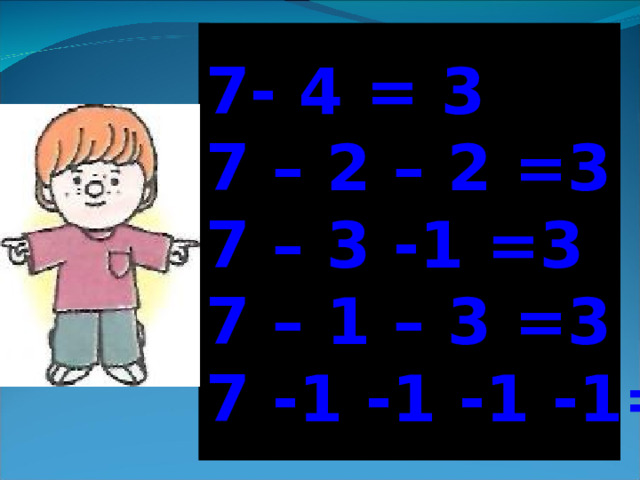 7- 4 = 3 7 – 2 – 2 =3 7 – 3 -1 =3 7 – 1 – 3 =3 7 -1 -1 -1 -1=3 