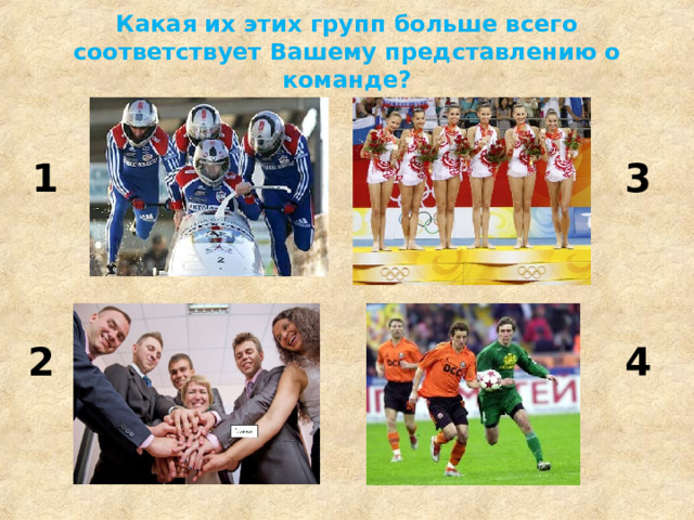 Какая их этих групп больше всего соответствует Вашему представлению о команде? 1 3 2 4  