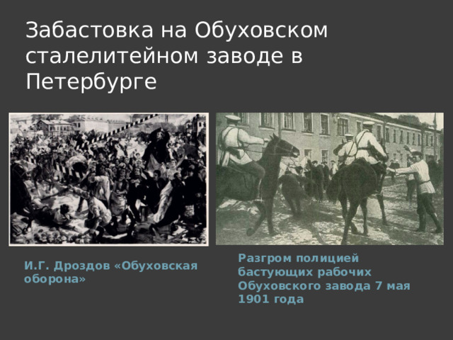 Забастовка на Обуховском сталелитейном заводе в Петербурге Разгром полицией бастующих рабочих Обуховского завода 7 мая 1901 года И.Г. Дроздов «Обуховская оборона» 