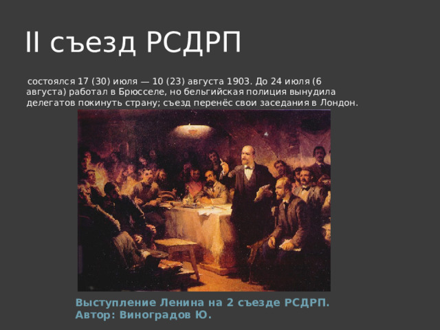 II съезд РСДРП состоялся 17 (30) июля — 10 (23) августа 1903. До 24 июля (6 августа) работал в Брюсселе, но бельгийская полиция вынудила делегатов покинуть страну; съезд перенёс свои заседания в Лондон. Выступление Ленина на 2 съезде РСДРП. Автор: Виноградов Ю.  