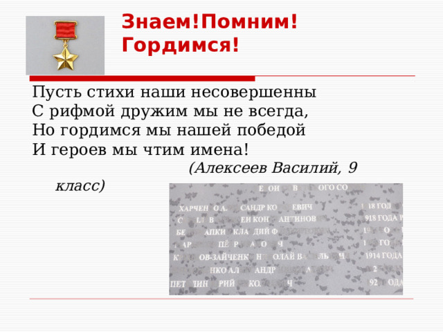   Знаем!Помним! Гордимся! Пусть стихи наши несовершенны С рифмой дружим мы не всегда, Но гордимся мы нашей победой И героев мы чтим имена!  (Алексеев Василий, 9 класс)   