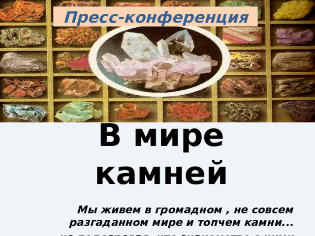 Пресс-конференция В мире камней  Мы живем в громадном , не совсем разгаданном мире и топчем камни... не подозревая, что знакомство с ними обогатило бы наш опыт во всех областях жизни. К.Г. Паустовский  