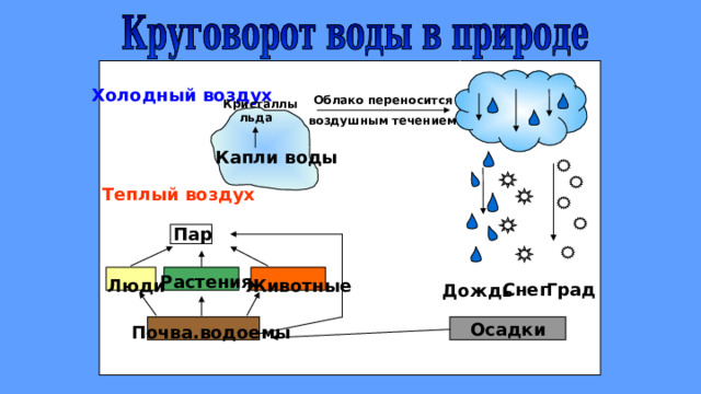 Холодный воздух Облако переносится Кристаллы  льда воздушным течением Капли воды Теплый воздух  Пар Растения Животные Люди Снег Град Дождь Осадки Почва.водоемы 