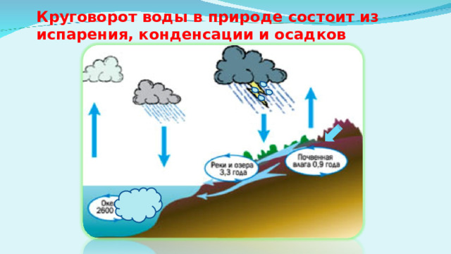 Круговорот воды в природе состоит из испарения, конденсации и осадков  