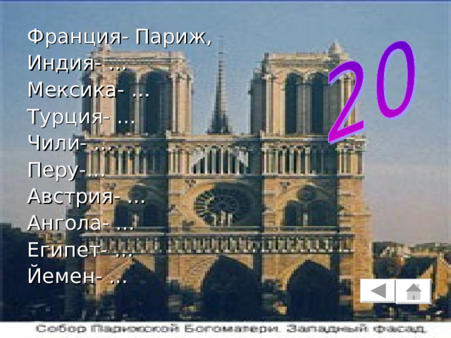 Франция- Париж, Индия- … Мексика- … Турция- … Чили- … Перу-… Австрия- … Ангола- … Египет- … Йемен- … 