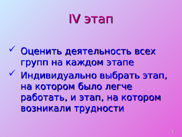 IV этап Оценить деятельность всех групп на каждом этапе Индивидуально выбрать этап, на котором было легче работать, и этап, на котором возникали трудности  