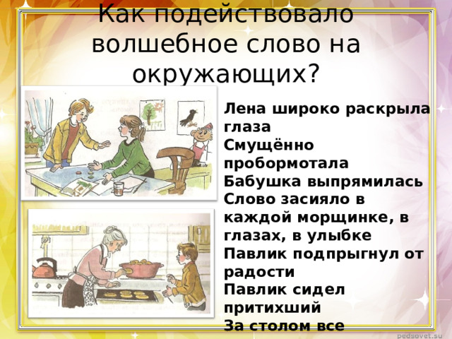 Как подействовало волшебное слово на окружающих? Лена широко раскрыла глаза Смущённо пробормотала Бабушка выпрямилась Слово засияло в каждой морщинке, в глазах, в улыбке Павлик подпрыгнул от радости Павлик сидел притихший За столом все замолчали Брат громко засмеялся, потрепал по плечу, взъерошил волосы 