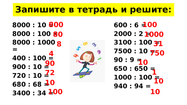 Запишите в тетрадь и решите: 800 100 600 : 6 = 2000 : 2 = 8000 : 10 = 3100 : 100 = 8000 : 100 = 7500 : 10 = 8000 : 1000 = 90 : 9 = 400 : 100 = 650 : 650 = 900 : 10 = 1000 : 100 = 720 : 10 = 940 : 94 = 680 : 68 = 3400 : 34 =  80 1000 31 8 750 4 10 90 1 72 10 10 10 100 