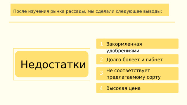 После изучения рынка рассады, мы сделали следующее выводы: Закормленная удобрениями 1 Долго болеет и гибнет 2 Недостатки  Не соответствует предлагаемому сорту 3 Высокая цена 4 
