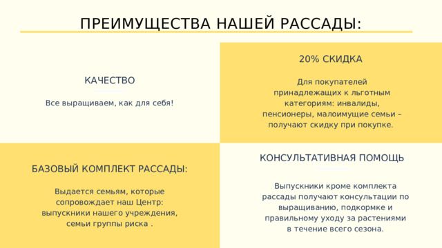 ПРЕИМУЩЕСТВА НАШЕЙ РАССАДЫ: 20% СКИДКА КАЧЕСТВО Для покупателей принадлежащих к льготным категориям: инвалиды, пенсионеры, малоимущие семьи – получают скидку при покупке. Все выращиваем, как для себя! КОНСУЛЬТАТИВНАЯ ПОМОЩЬ БАЗОВЫЙ КОМПЛЕКТ РАССАДЫ: Выпускники кроме комплекта рассады получают консультации по выращиванию, подкормке и правильному уходу за растениями в течение всего сезона. Выдается семьям, которые сопровождает наш Центр: выпускники нашего учреждения, семьи группы риска . 