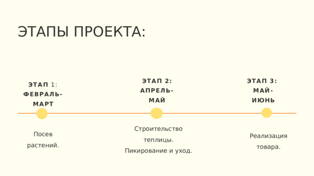ЭТАПЫ ПРОЕКТА: ЭТАП 3: ЭТАП 2: АПРЕЛЬ-МАЙ МАЙ-ИЮНЬ ЭТАП 1: ФЕВРАЛЬ-МАРТ   Строительство теплицы. Пикирование и уход. Посев растений. Реализация товара. 
