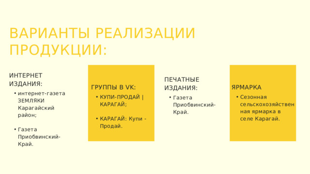 ВАРИАНТЫ РЕАЛИЗАЦИИ ПРОДУКЦИИ: ИНТЕРНЕТ ИЗДАНИЯ: ПЕЧАТНЫЕ ИЗДАНИЯ: ЯРМАРКА ГРУППЫ В VK: интернет-газета ЗЕМЛЯКИ Карагайский район; интернет-газета ЗЕМЛЯКИ Карагайский район; Газета Приобвинский-Край. Газета Приобвинский-Край. КУПИ-ПРОДАЙ | КАРАГАЙ; КУПИ-ПРОДАЙ | КАРАГАЙ; Сезонная сельскохозяйственная ярмарка в селе Карагай. Сезонная сельскохозяйственная ярмарка в селе Карагай. КАРАГАЙ: Купи - Продай. КАРАГАЙ: Купи - Продай. Газета Приобвинский-Край. Газета Приобвинский-Край. 