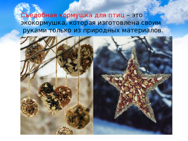 Съедобная кормушка для птиц – это экокормушка, которая изготовлена своим  руками только из природных материалов.    