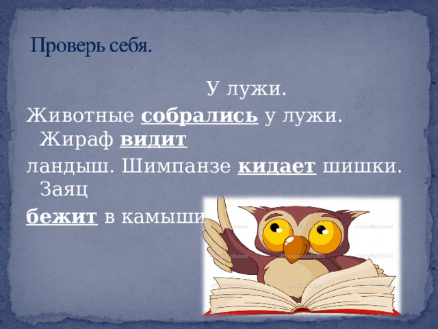  У лужи. Животные собрались у лужи. Жираф видит  ландыш. Шимпанзе кидает шишки. Заяц бежит в камыши. 